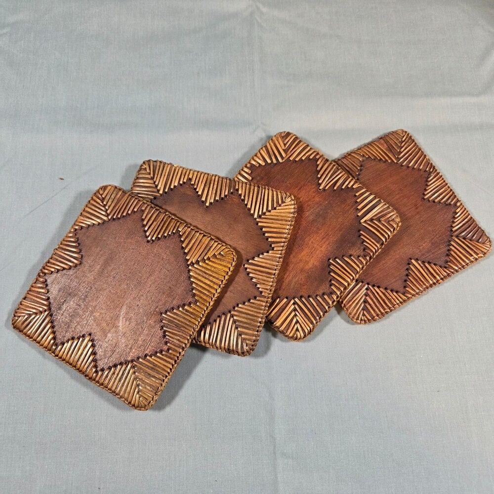 Teak Wood Coasters Set of 4 Woven Rattan Edge Square Boho Mid Century Decor